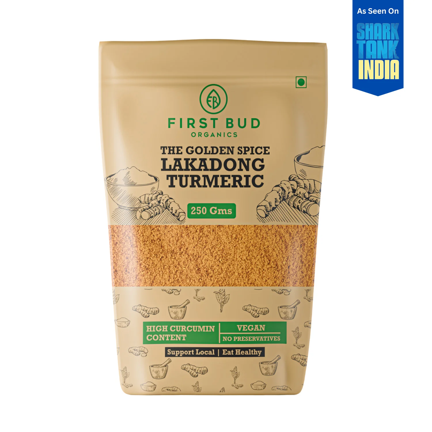 First Bud Organics Lakadong Turmeric Powder - vibrant golden-red powder in a traditional bowl with fresh turmeric roots beside it