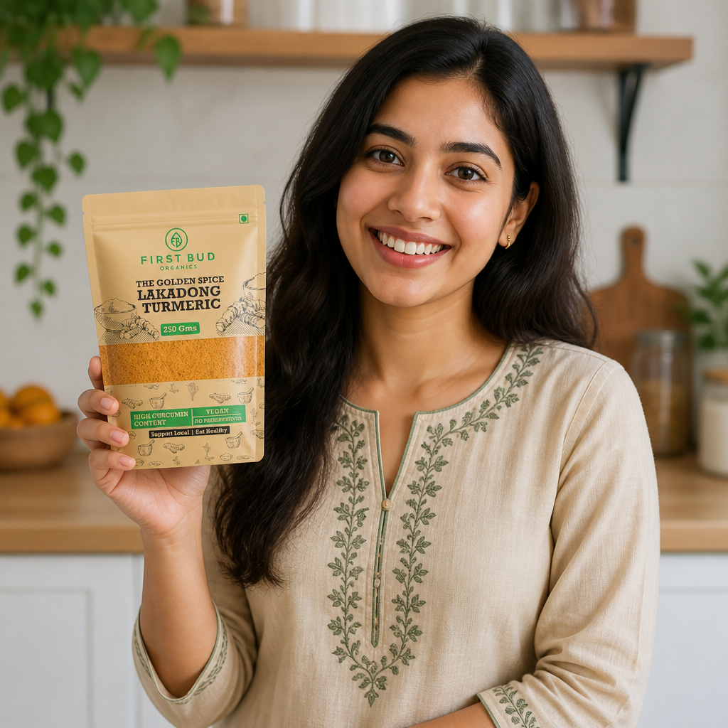 Premium Lakadong Turmeric powder in an elegant gold-accented package, displayed against a warm golden background with natural lighting