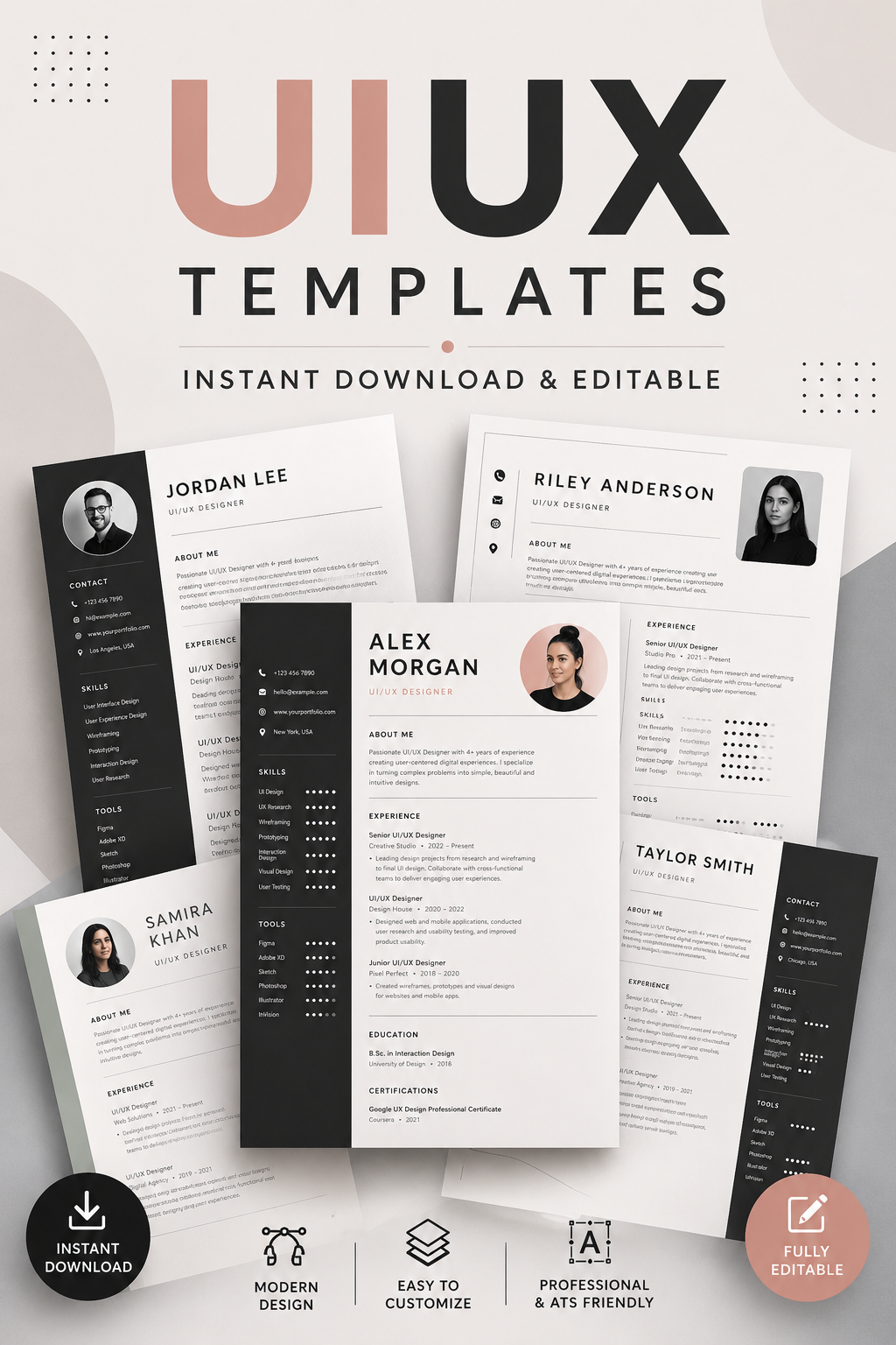 UI/UX designer resume template preview showing portfolio and project sections in modern purple gradient layout