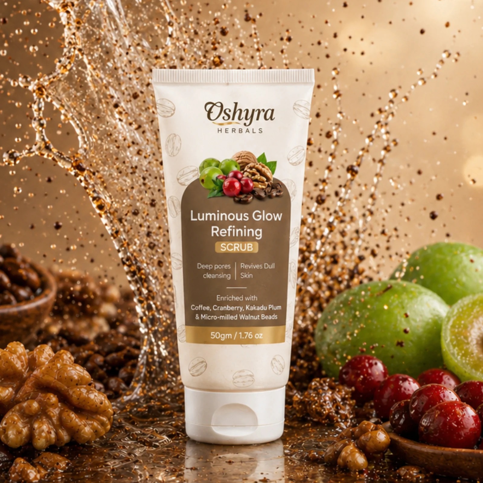 Luminous Glow Refining Scrub 50g amber jar, coffee-colored scrub visible through glass, product packaging on linen background