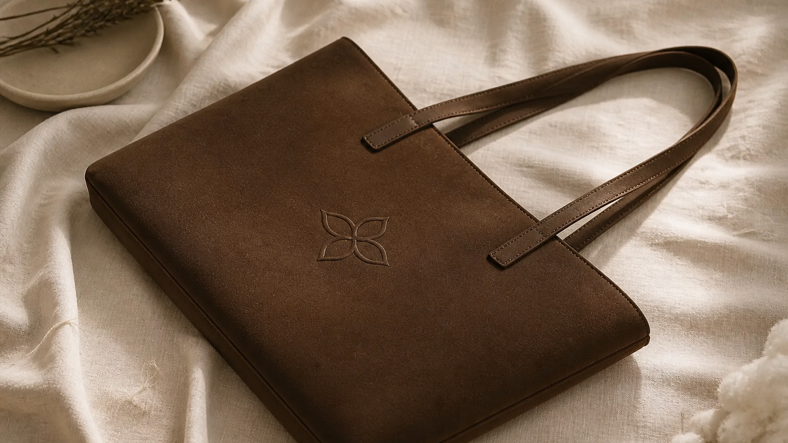 Wide cinematic hero shot of an Everyday Tote Bag resting on a clean cream-toned table bathed in soft golden-hour sunlight, with a blurred linen curtain in the background, calm and editorial mood