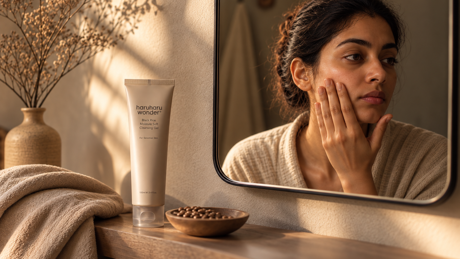 Warm candid portrait of an Indian woman in her late twenties looking into a bathroom mirror with soft golden window light, slightly tired eyes, linen robe, earthy beige background, intimate journal-style storytelling photography