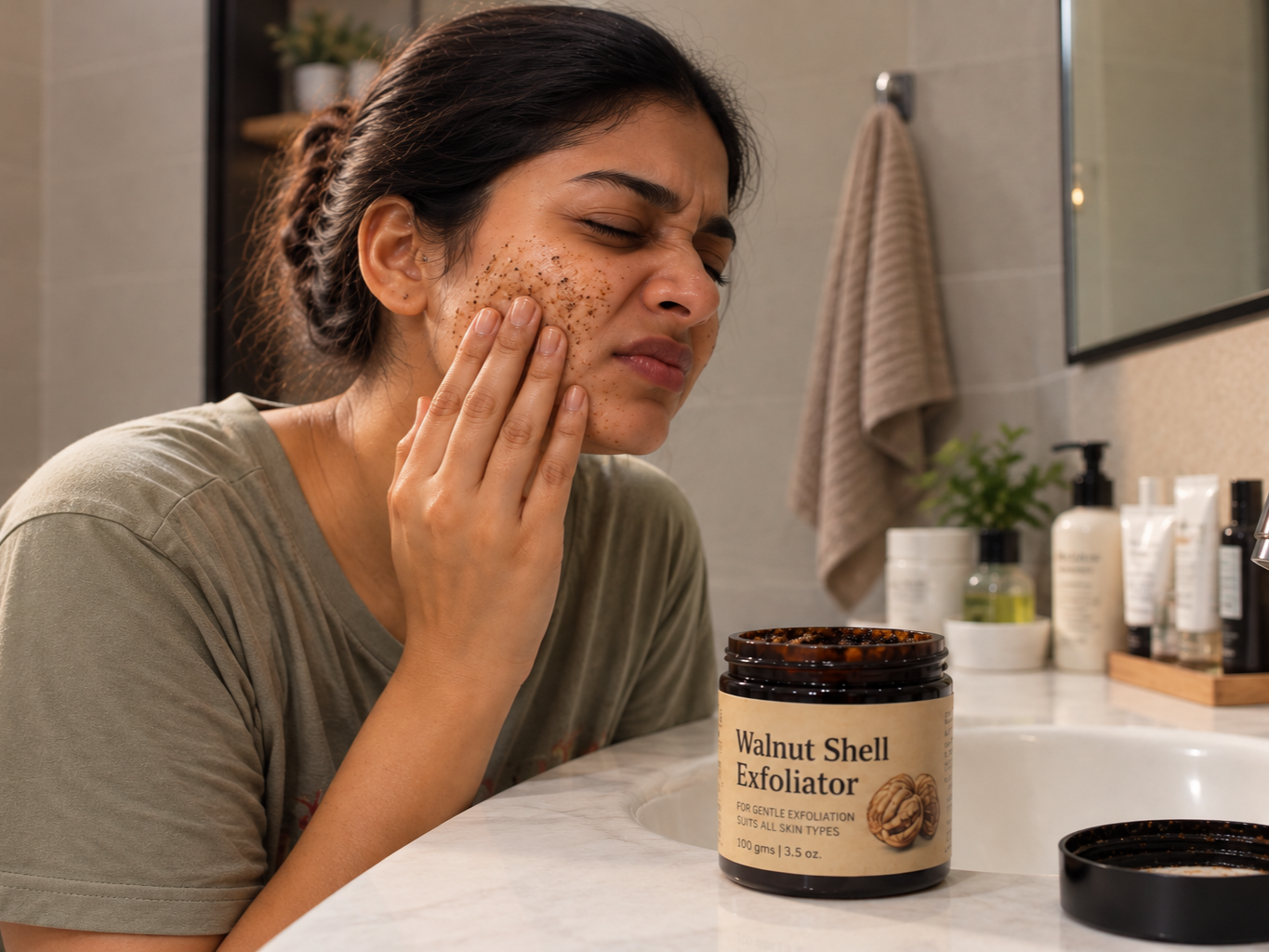Flashback-style image of an Indian woman wincing in pain while scrubbing her cheek with a harsh walnut-shell exfoliator, bathroom sink cluttered with bottles, harsh fluorescent lighting, candid unpolished moment