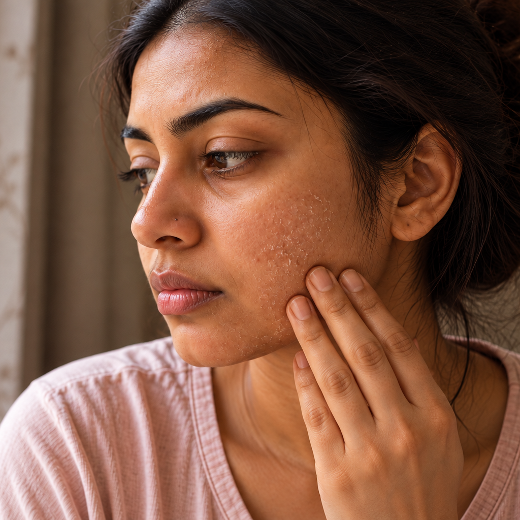 Day 1: same Indian woman in the same lighting, tired dull skin with visible dry patches, no makeup, soft natural light, intimate close-up portrait