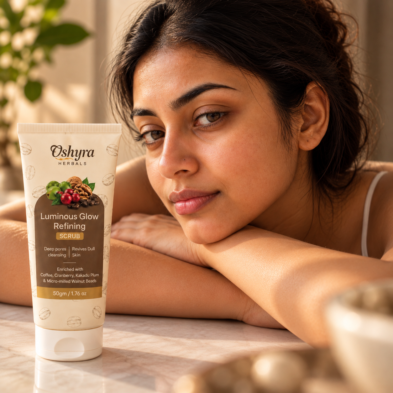 Day 14: same Indian woman in the same lighting and pose, visibly brighter smoother more radiant skin with healthy glow, no makeup, intimate close-up portrait