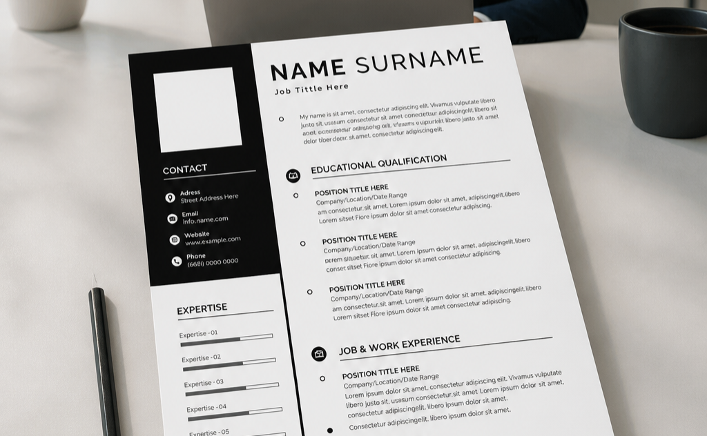 Mysterious close-up of a glowing modern resume template on a sleek laptop screen in a softly shadowed home office at dusk, the screen casting a soft blue-white glow across the desk