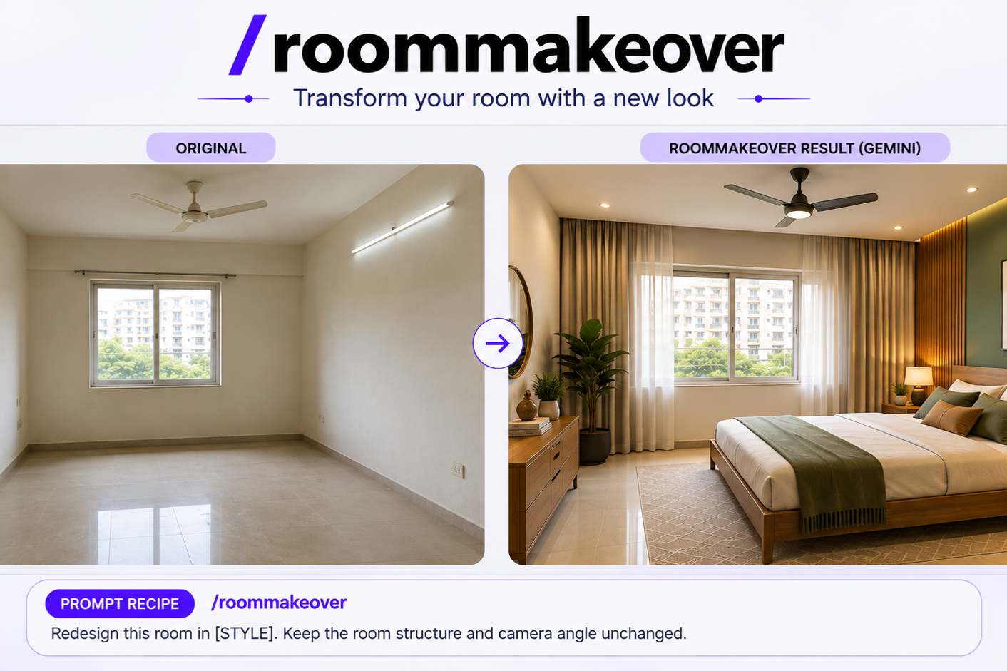 Beautiful AI transformed room interior with warm golden lighting, modern minimalist decor, cozy atmosphere and magazine quality composition