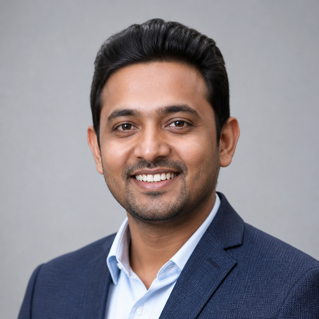 Close-up portrait of an Indian man in his late thirties, Rohit, friendly smile, short black hair, neutral background, soft natural daylight, candid feel