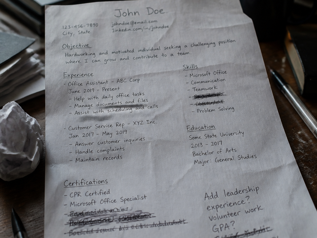Cluttered text-heavy resume with inconsistent fonts, crowded margins, no clear hierarchy, and a confused job applicant looking frustrated beside it