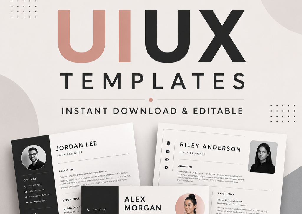 UIUX resume template preview showing a clean modern designer layout with portfolio section and skills grid