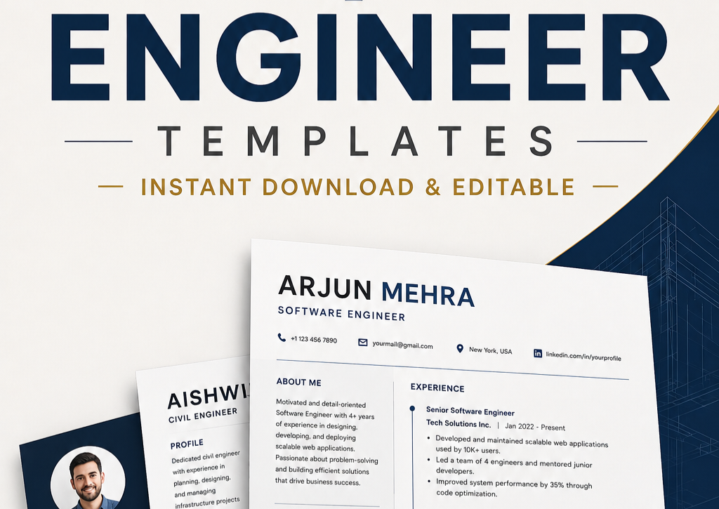 Engineer resume template preview showing a technical layout with project sections, tech stack icons, and skills categorized by proficiency