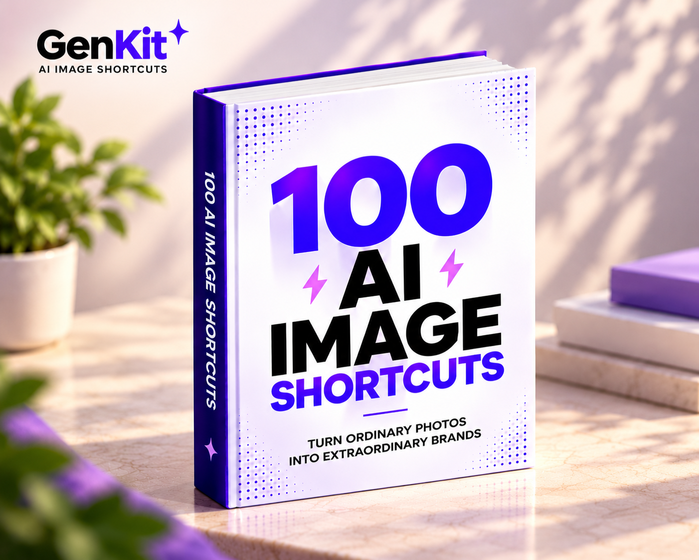 Premium PDF cover of 100 AI Image Shortcuts with a glowing purple neon design showing a stylized magic wand creating stunning AI visuals on a dark elegant background