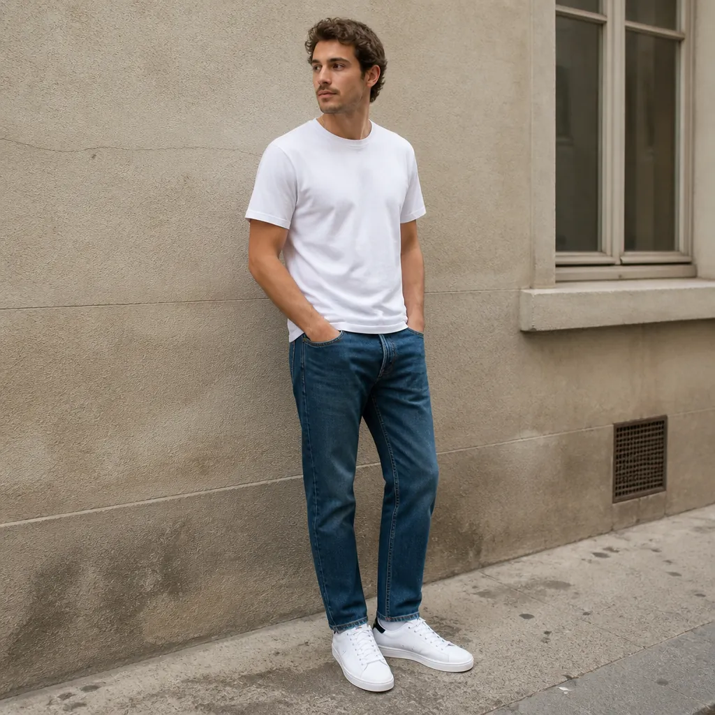 Person wearing basic white sneakers with casual jeans and plain t-shirt in a mundane everyday setting with neutral lighting