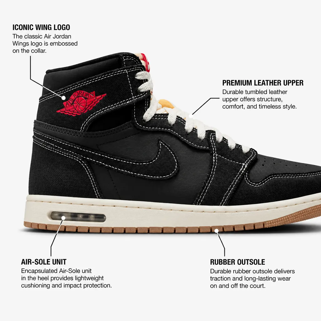 Detailed technical diagram of Air Jordan 1 High OG showing product callouts for leather upper, Air-Sole unit, rubber outsole, and iconic wing logo placement