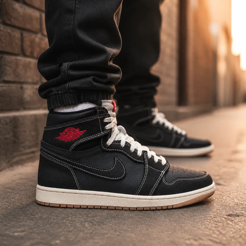 Young male sneaker collector wearing Air Jordan 1 High OG in an urban street setting with brick walls and golden hour lighting
