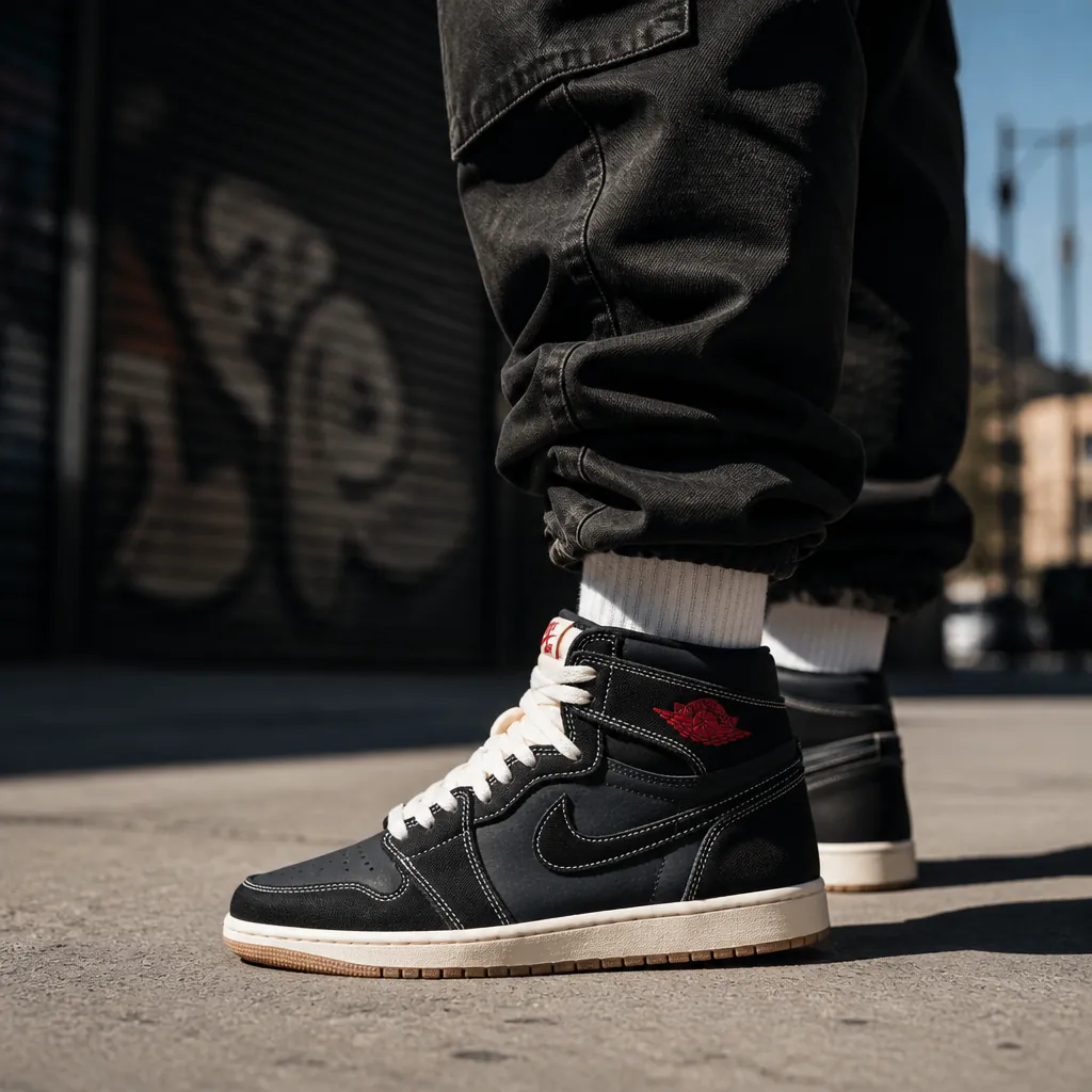 Same person wearing Air Jordan 1 High OG with stylish streetwear outfit and confident pose in dramatic urban lighting