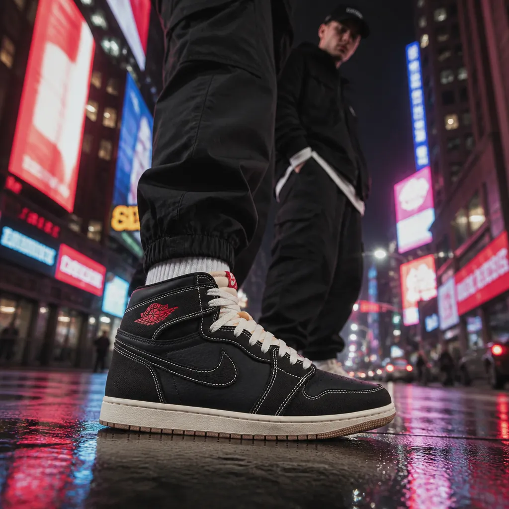 Streetwear enthusiast in full hypebeast outfit featuring the Air Jordan 1 with neon city lights in background