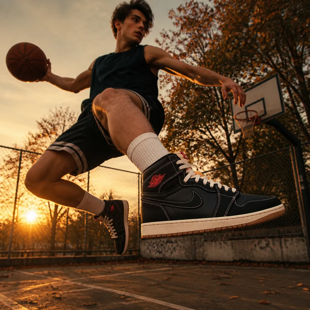 Basketball player wearing Air Jordan 1 High OG mid-flight on a outdoor court with dramatic sunset lighting