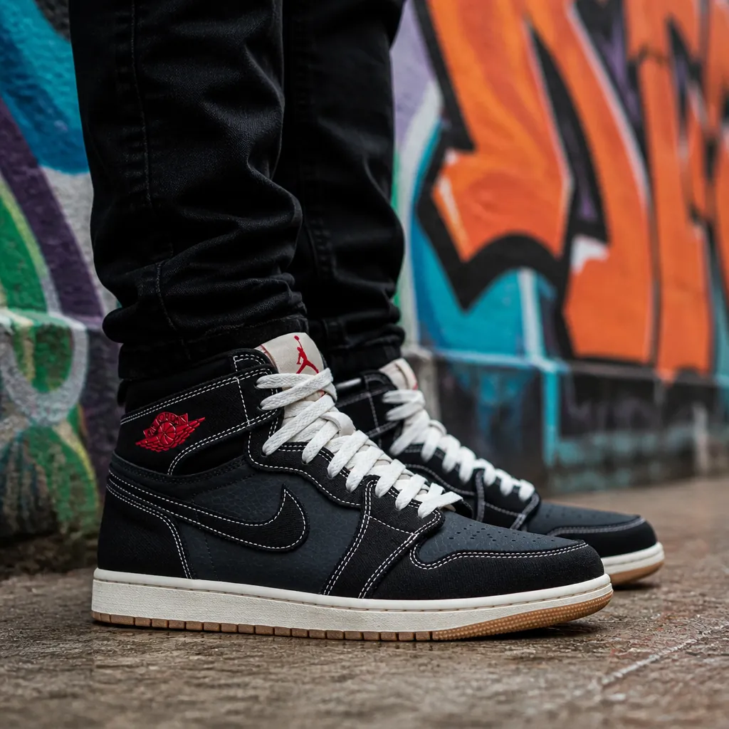 Creative lifestyle shot of person wearing Air Jordan 1 with artistic urban graffiti background and soft natural light