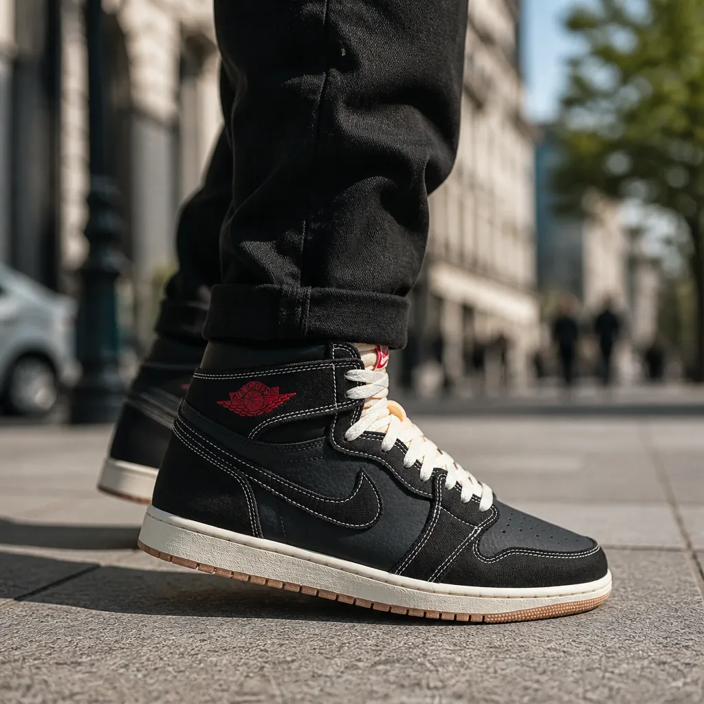 Fashion influencer showcasing Air Jordan 1 in a stylish casual outfit with a modern cityscape backdrop