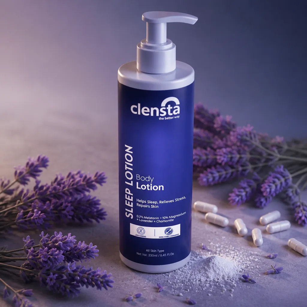 Elegant product hero shot with melatonin capsules, magnesium powder, and fresh lavender sprigs arranged around the Sleep Body Lotion bottle against a soft gradient background