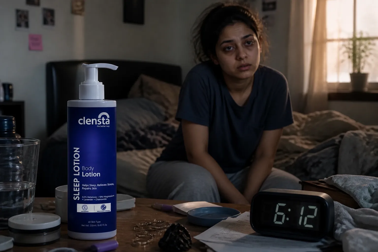 Before image showing exhausted person struggling with poor sleep, dark circles under eyes, tired expression, slumped posture in messy bedroom with alarm clock showing early morning