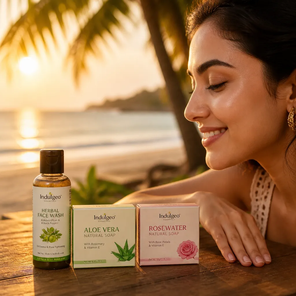 Young woman with glowing radiant skin smiling at a tropical beach destination during golden hour