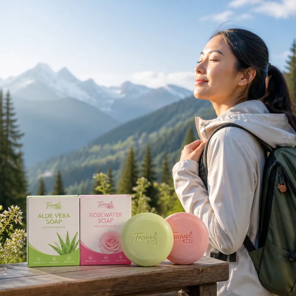 Woman with dewy glowing skin enjoying a scenic mountain view during her travels