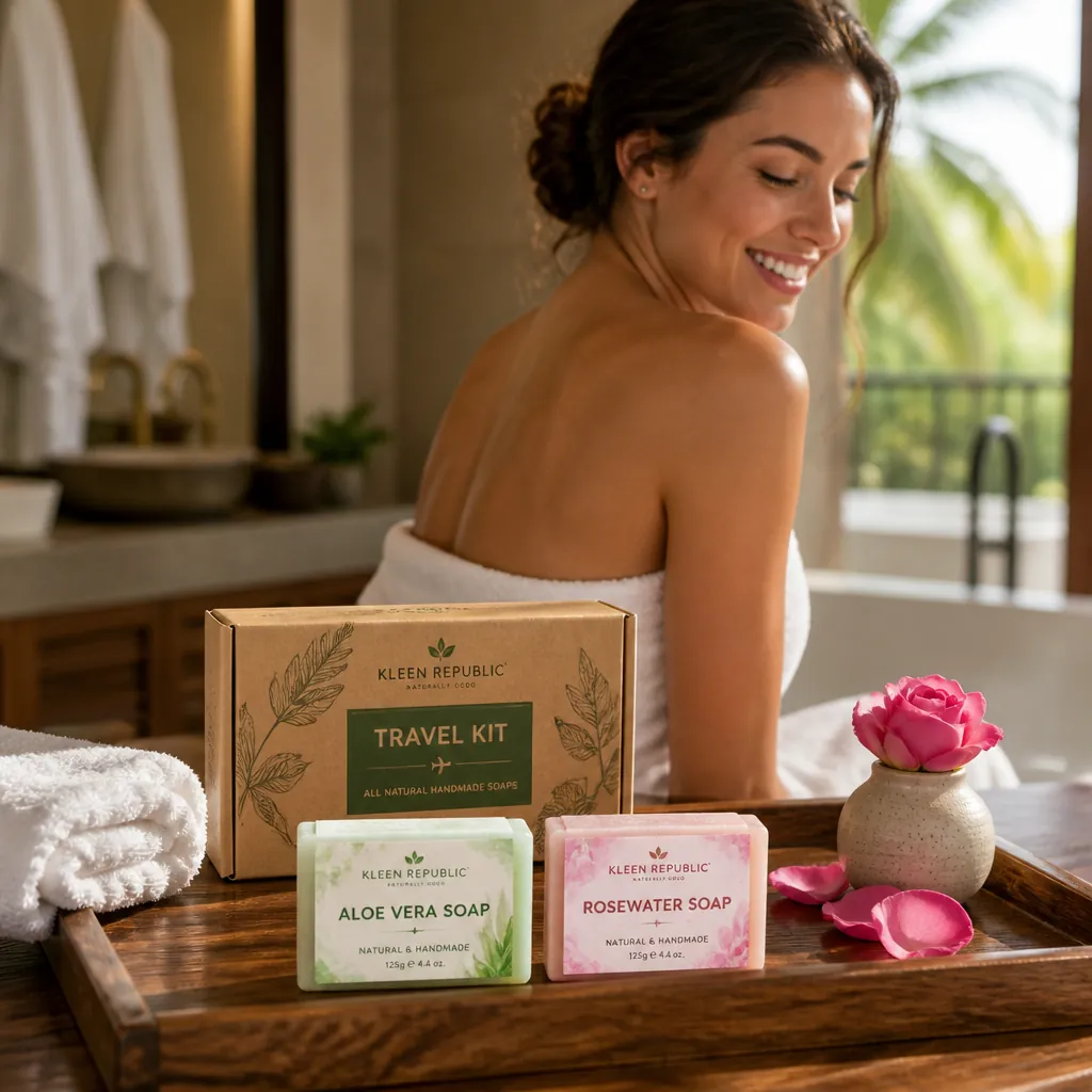 Happy traveler showing clear smooth skin after using travel skincare kit in a luxury resort