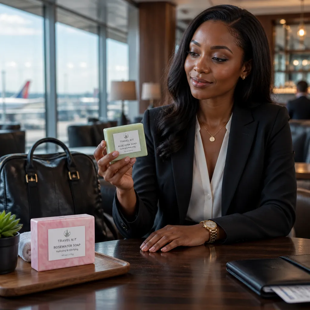 Business woman with fresh hydrated skin using skincare products at airport lounge