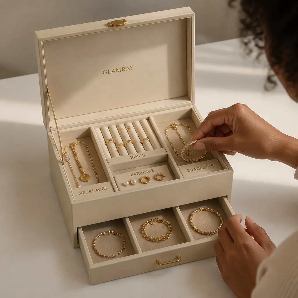 Premium jewelry organizer case shown open displaying labeled compartments for rings, earrings, necklaces, bracelets with velvet lining