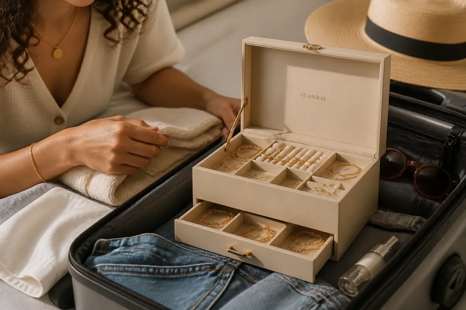 Compact jewelry case packed inside an open travel suitcase surrounded by clothes and accessories