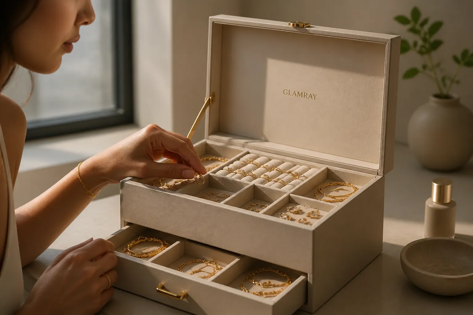 Close-up demonstration video showing the multi-layer jewelry organizer with compartments opening to reveal rings, earrings, necklaces and bracelets being neatly arranged