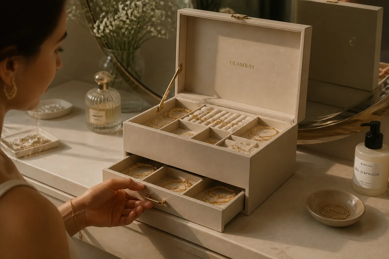 Elegant jewelry organizer displayed on a bedroom vanity dresser with mirror and decorative items around it