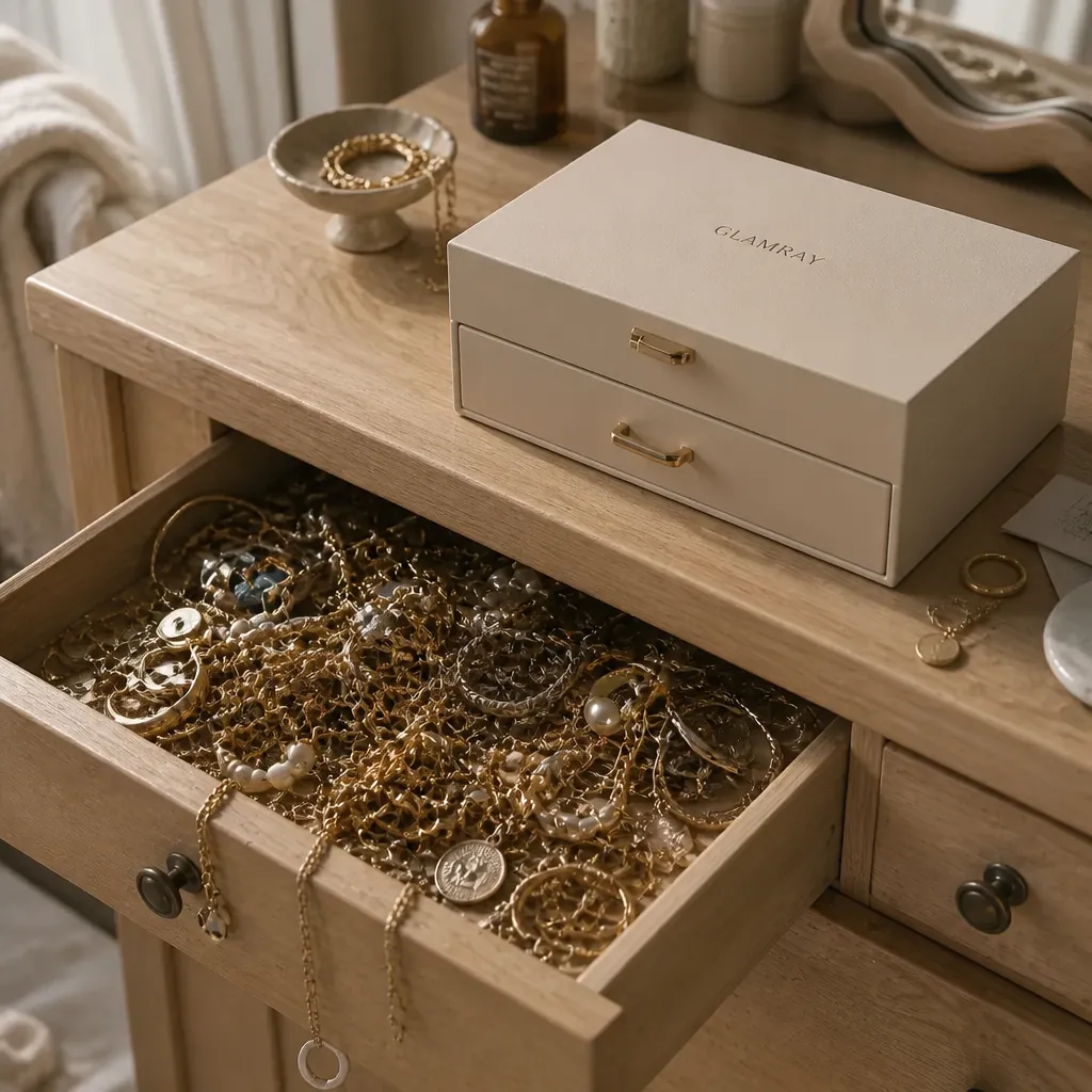 Disorganized jewelry drawer showing tangled gold chains, scattered earrings, and mixed-up bracelets in chaotic heap