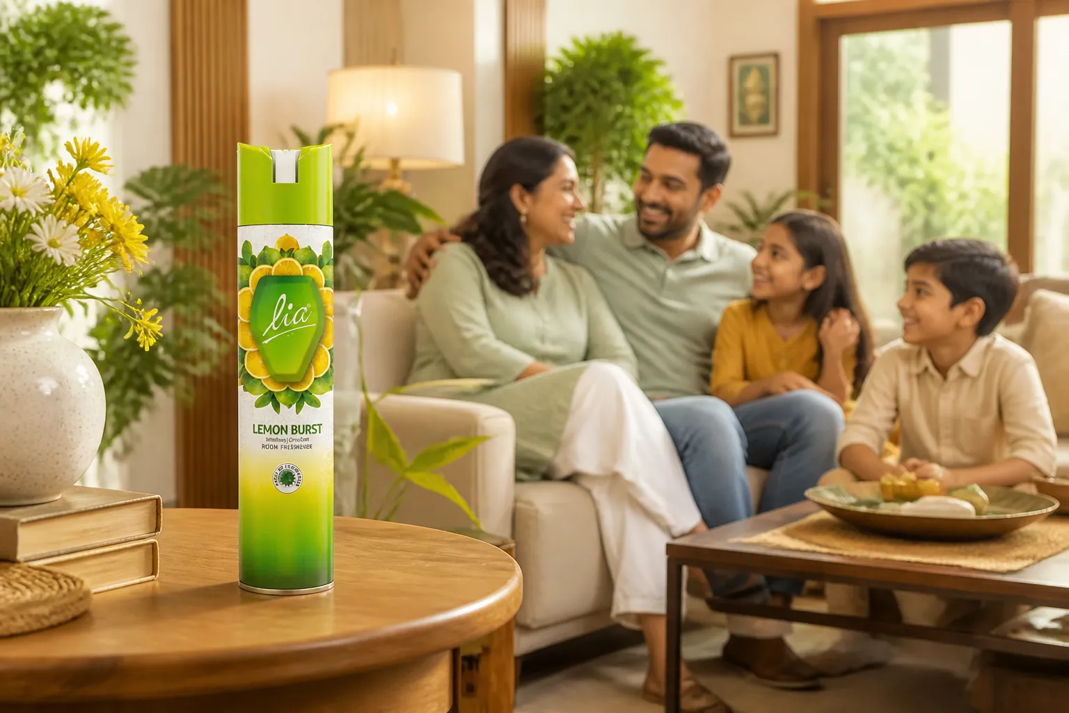 Warm inviting photography of an Indian family enjoying their fresh-smelling home together, modern living room setting with comfortable furniture, bright natural lighting, plants and flowers visible, relaxed and happy atmosphere