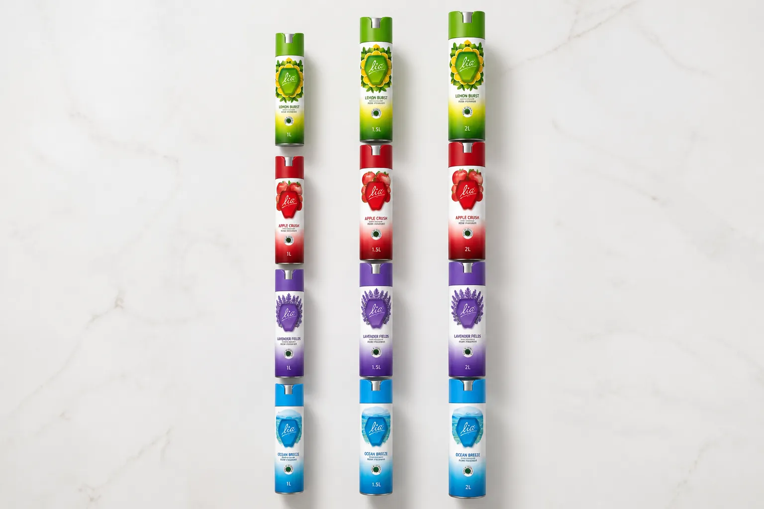Professional flat lay photography showing all 12 Lia room freshener variants arranged by color grouping - four rows for Green, Red, Purple, and Blue collections, each row showing three sizes side by side (1L, 1.5L, 2L), clean white background with subtle shadows, premium product presentation style
