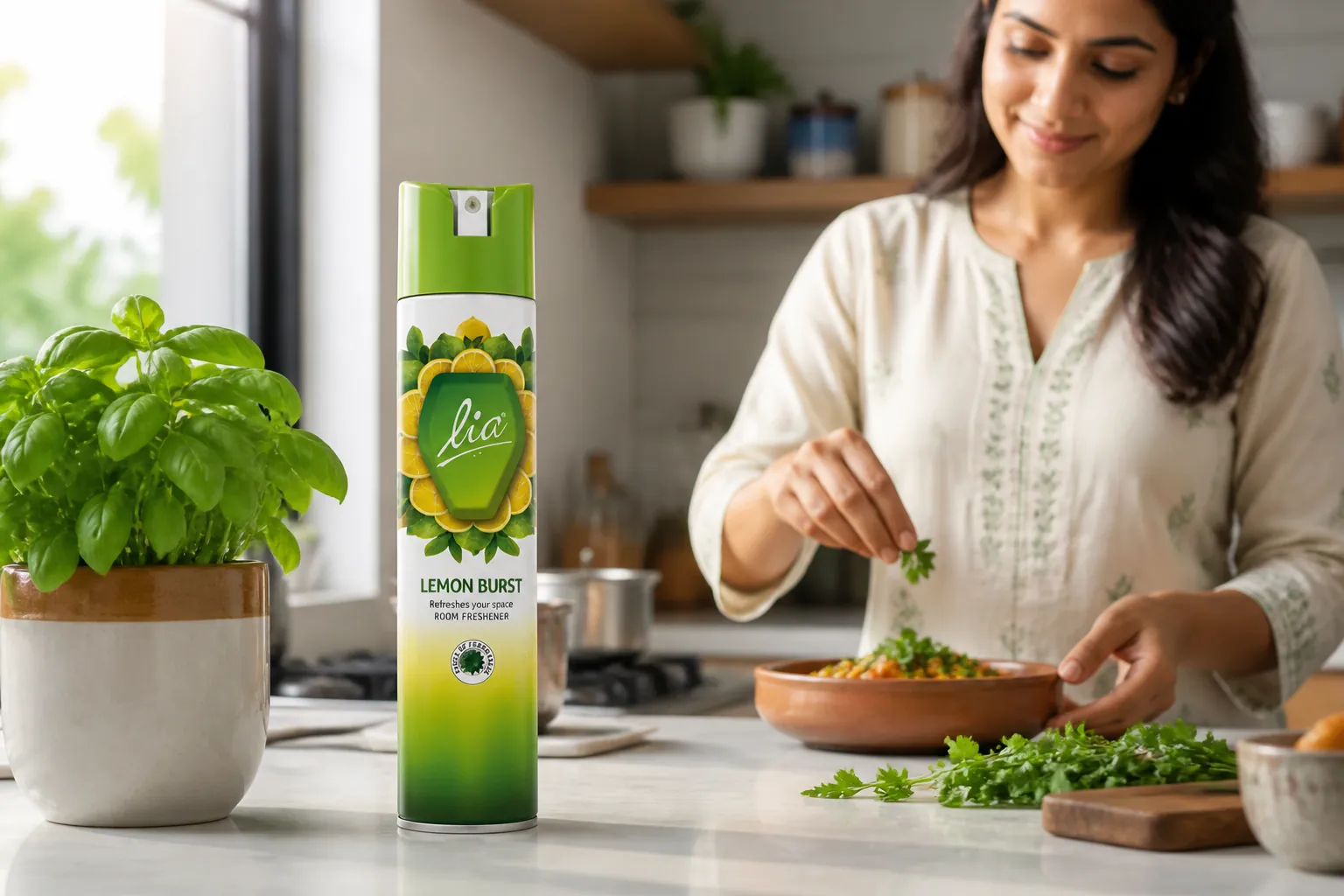 Clean modern Indian kitchen with bright natural lighting, fresh herbs on the counter, Lia room freshener bottle near the window, cooking activities happening, fresh and clean ambiance