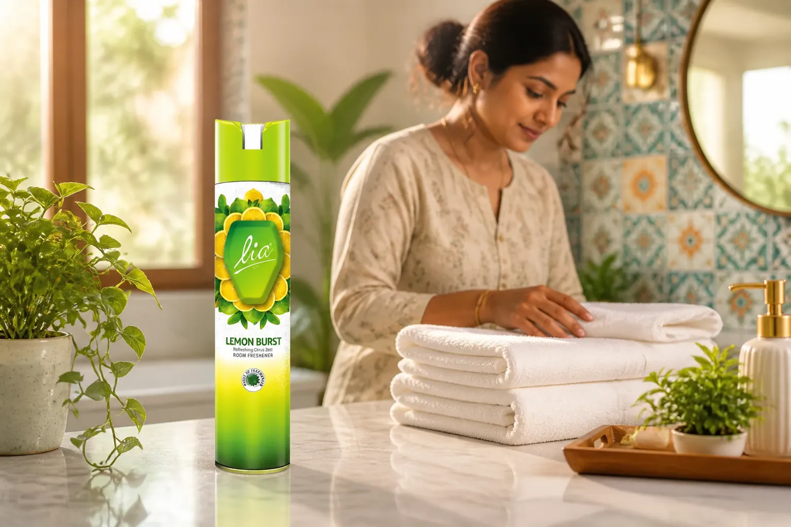 Modern Indian bathroom with bright tiles, plants adding freshness, Lia room freshener on the counter, clean towels, morning sunlight creating a spa-like atmosphere