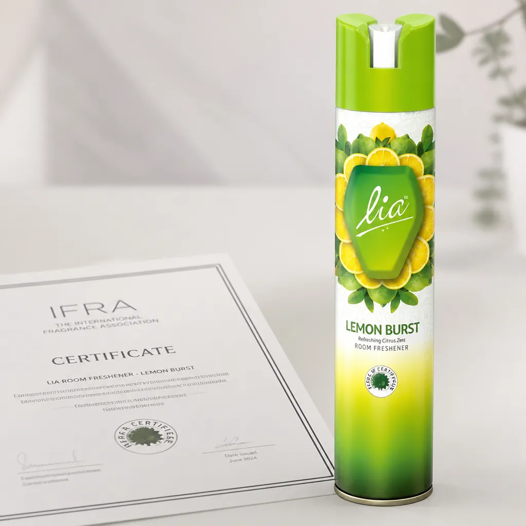 Close-up professional photography of Lia room freshener bottle with IFRA certification badge displayed prominently, premium packaging details visible with elegant label design, soft studio lighting on a clean white surface, product sitting beside a certificate document