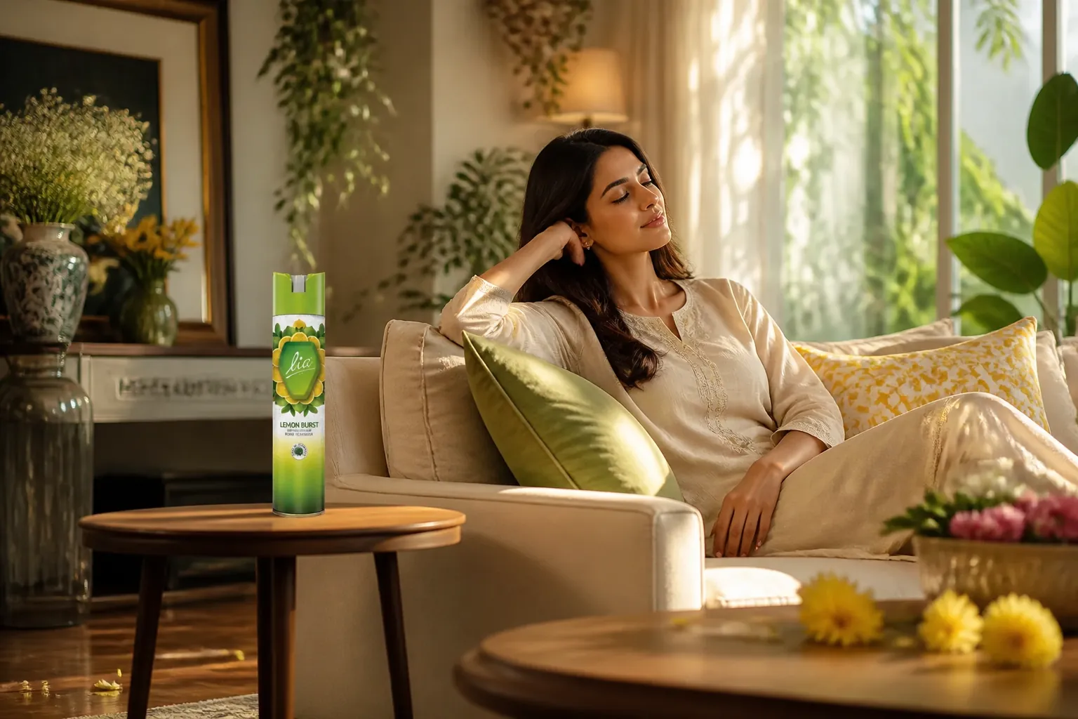 Wide cinematic shot of a modern Indian living room with bright natural sunlight streaming through windows, a woman relaxing peacefully on a stylish couch, fresh flowers and lush plants creating an ambient fresh atmosphere, soft shadows and warm tones throughout the space