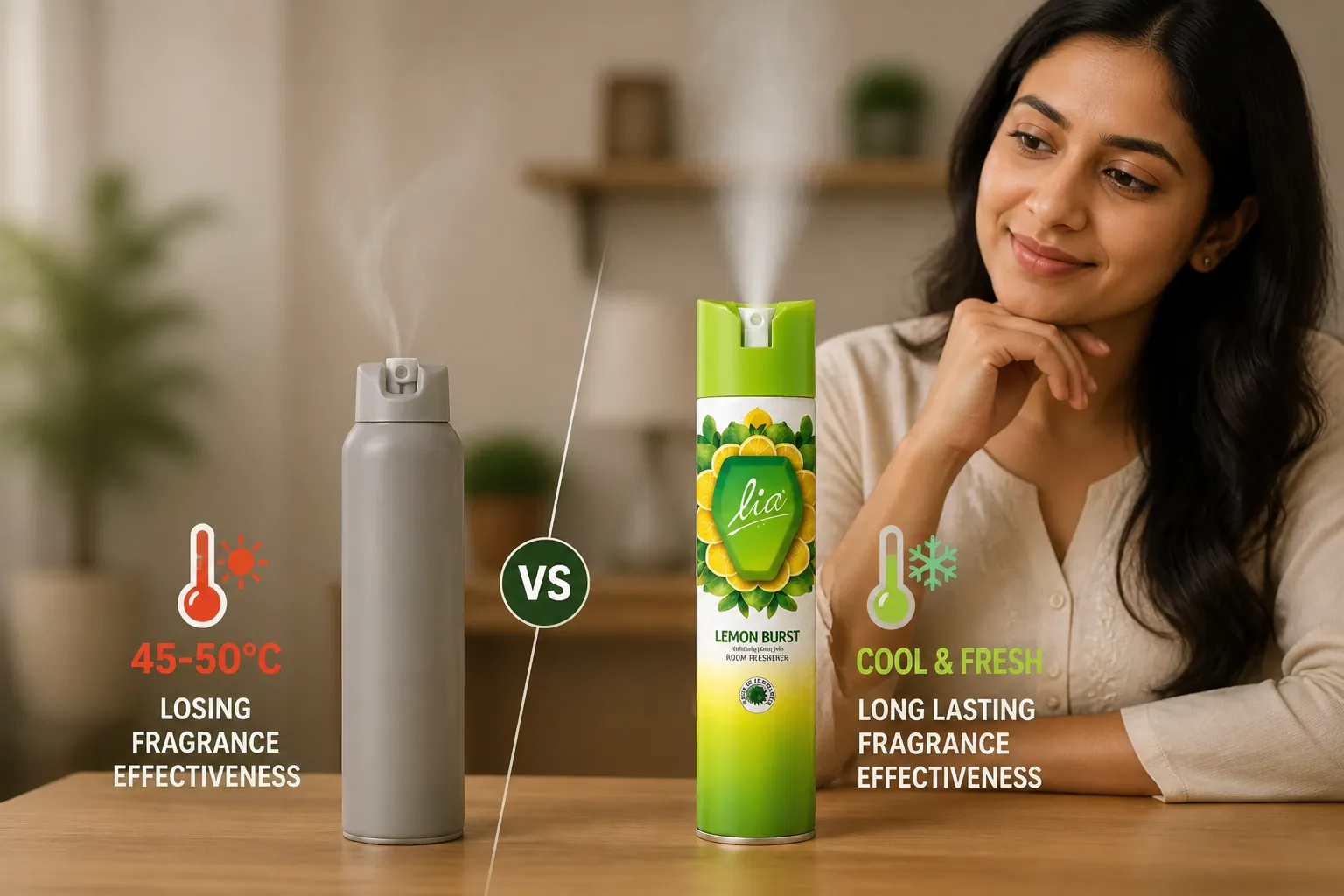 Split comparison image showing standard room freshener losing effectiveness in hot conditions on the left, while Lia room freshener maintains strong fragrance dispersal and lasting freshness on the right, infographic style with temperature indicators showing 45-50 degrees celsius