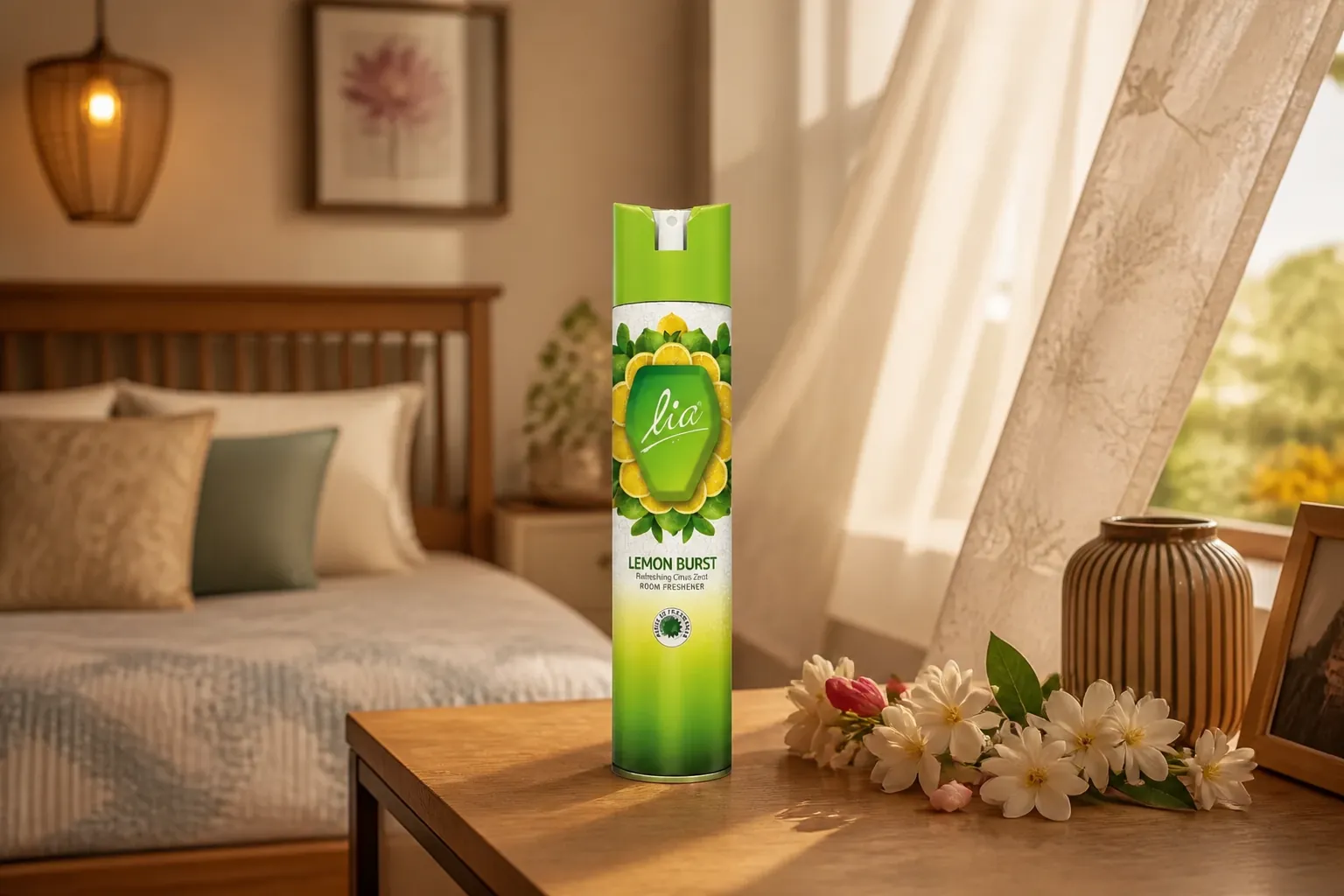 Elegant Indian bedroom with modern decor, fresh flowers on the nightstand, soft morning light filtering through curtains, a Lia room freshener bottle visible on the dresser, warm and inviting atmosphere