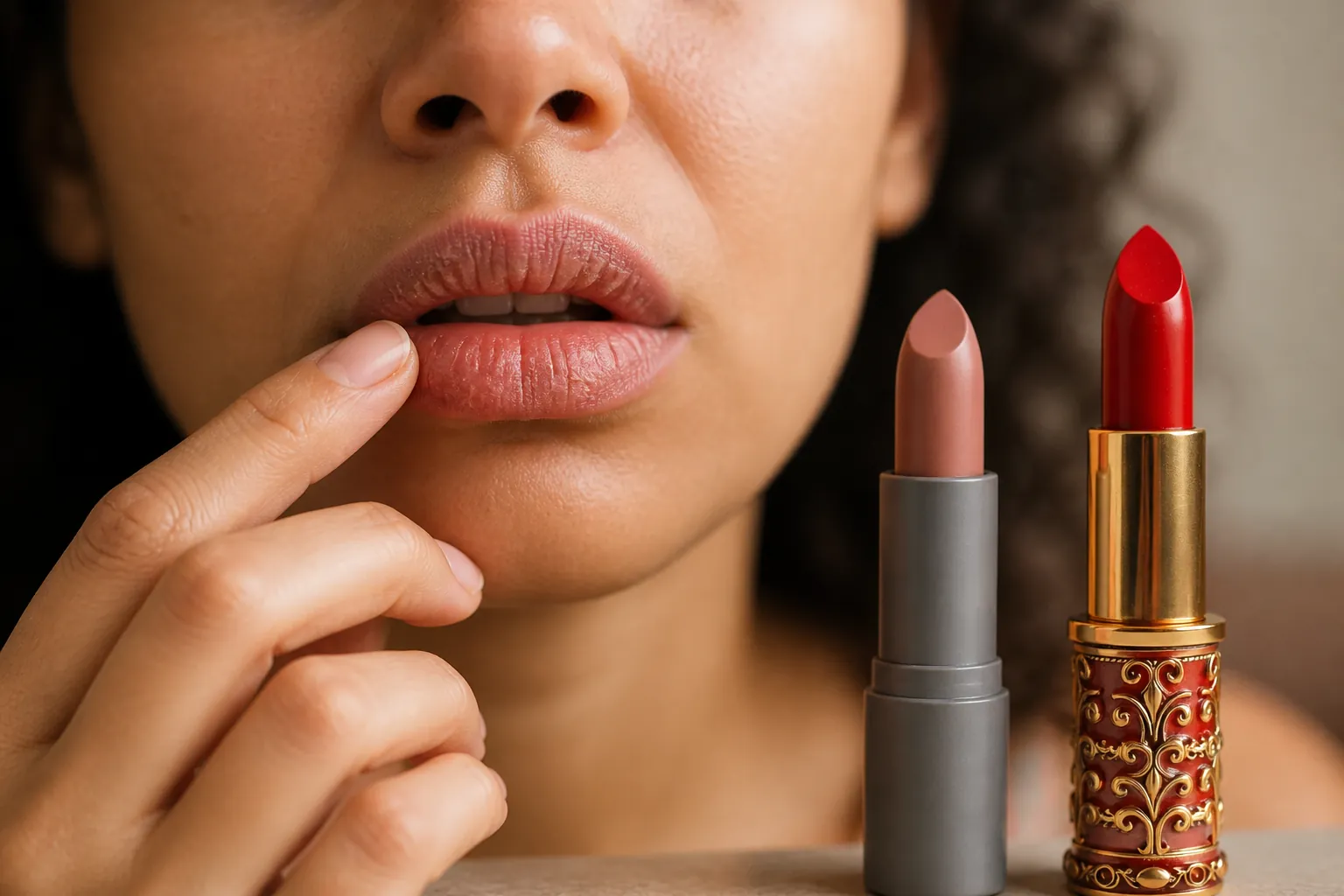 Close-up of dry, cracked lips showing the frustrating problem with traditional lipsticks