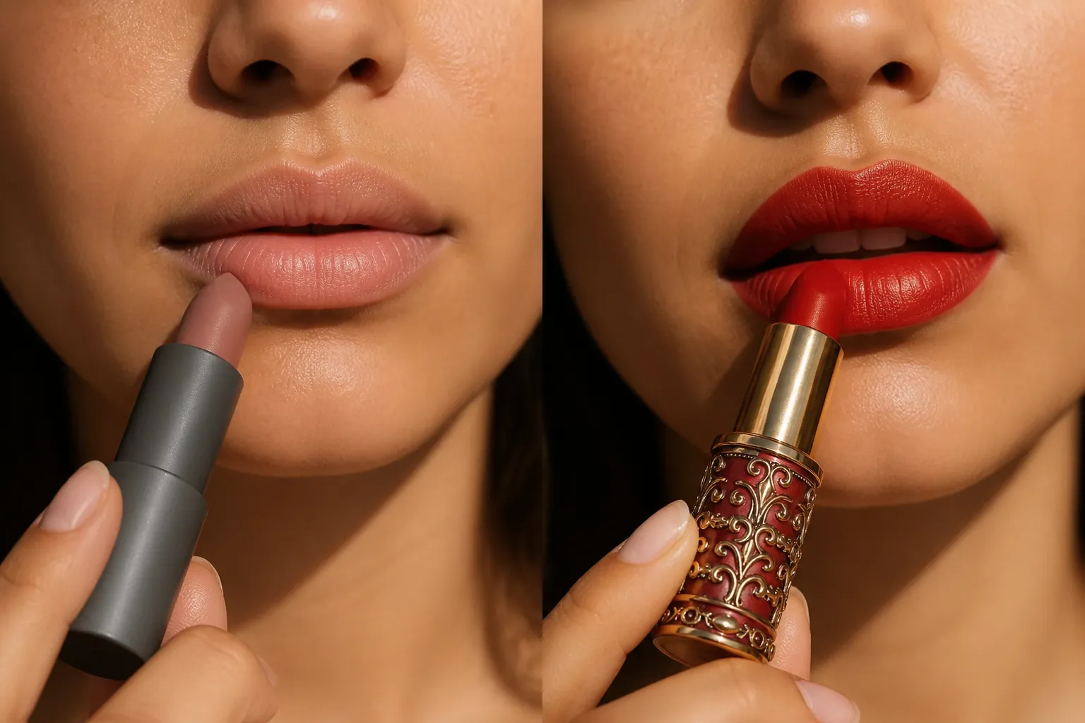 Before and after comparison showing lips without product versus lips treated with Aviraa lipstick