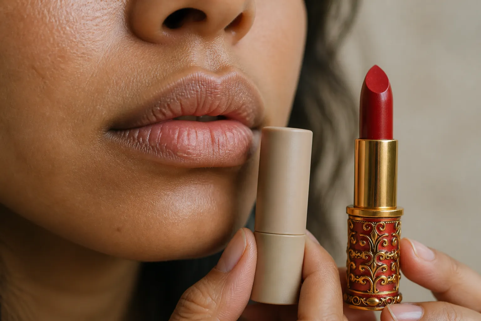 Close-up macro shot of dry, chapped lips with visible cracks and dull color before applying Aviraa lipstick