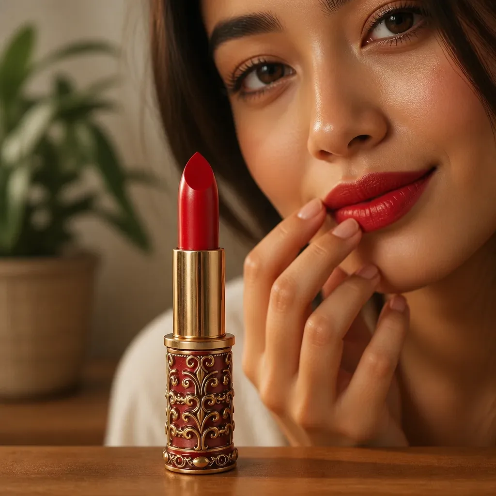 Woman with beautiful, hydrated lips wearing Aviraa lipstick in warm soft lighting