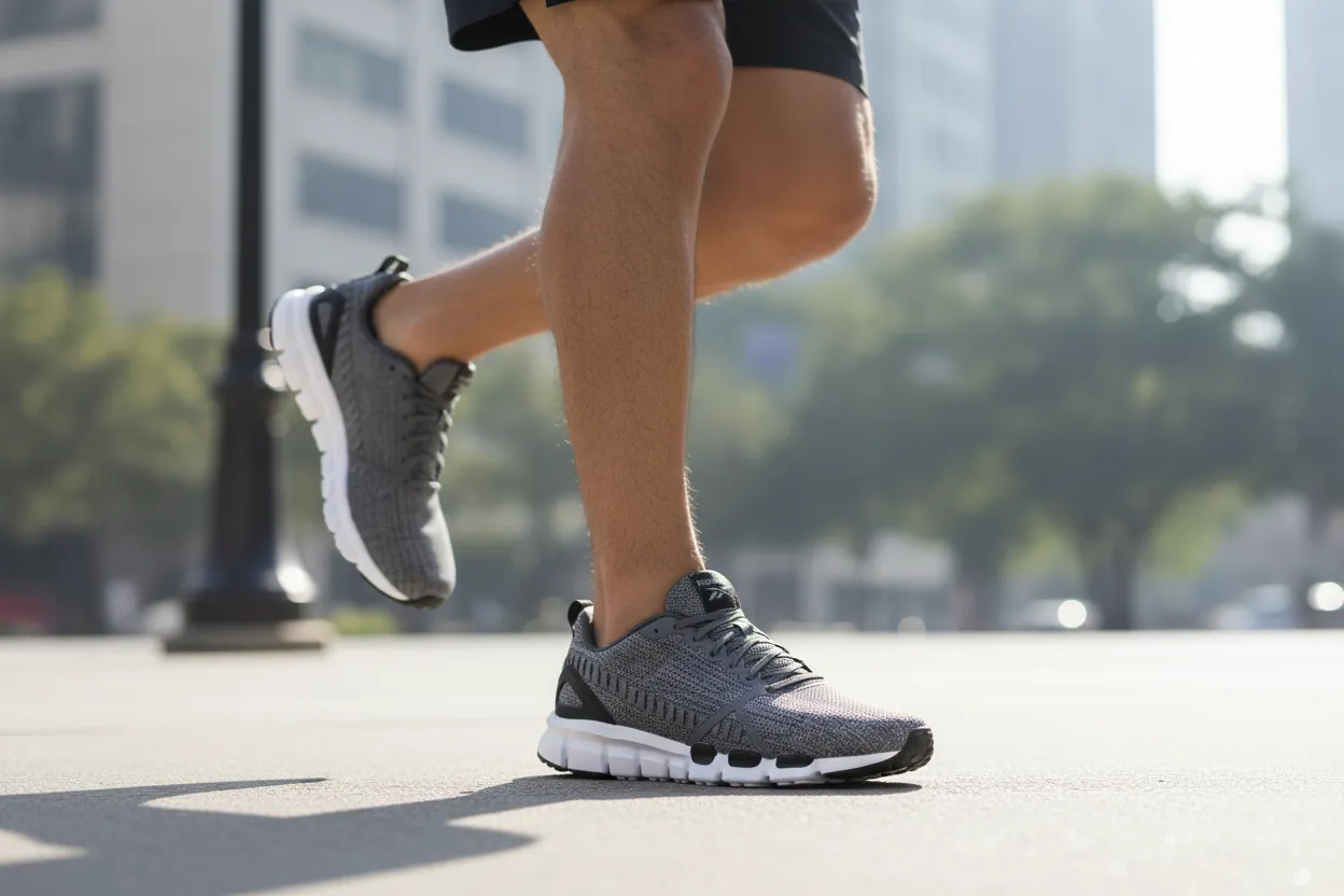 Split comparison visual showing lightweight Reebok Voyager shoe balanced high on left pan of digital scale, heavy traditional running shoe dipping low on right pan, demonstrating 40% weight reduction