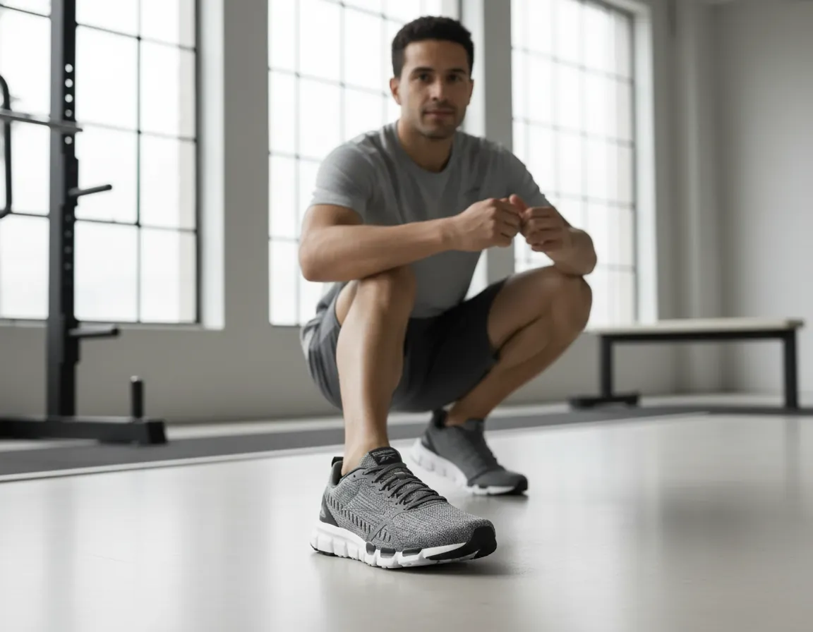 Reebok Voyager 1.0 running shoe in sleek black with dynamic red accents, premium athletic footwear displayed on dark dramatic background with soft lighting highlights