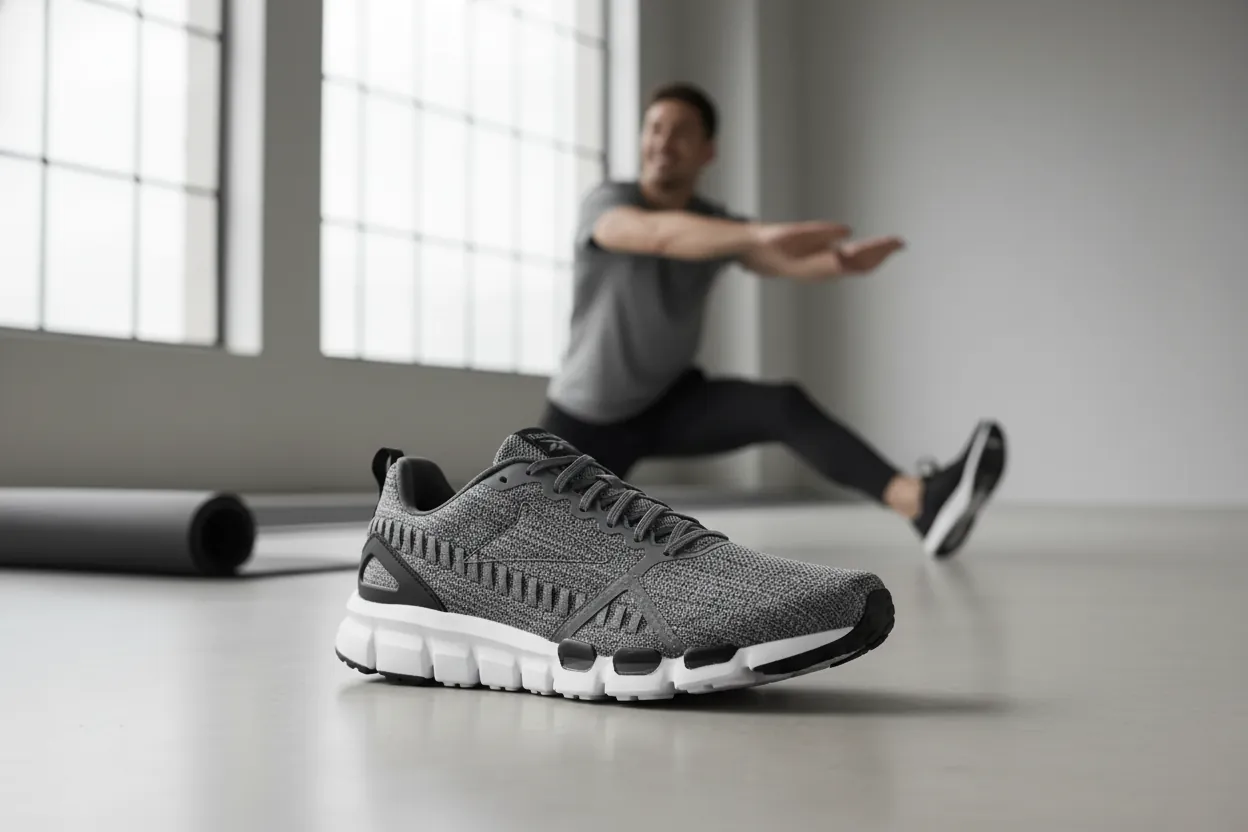 Close-up macro shot of Reebok Voyager textile upper showing breathable mesh weave pattern, soft fibers with red accent threading visible under studio lighting